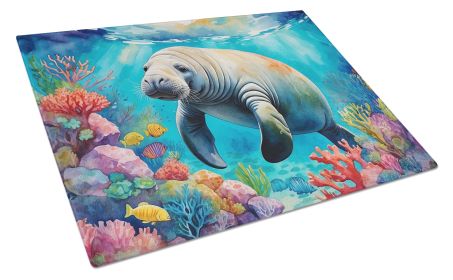 Manatee and Coral Reefs Glass Cutting Board Decorative Tempered Glass Kitchen Cutting and Serving Board Large Size Chopping Board