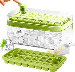 One-Button Release Ice Cubes -Ice Cube Tray with Lid and Bin (Color: Green)